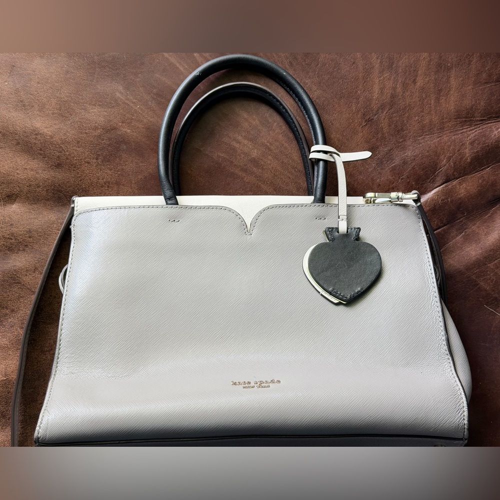 Kate Spade Large Spencer Satchel Gray, cream, and black trim.